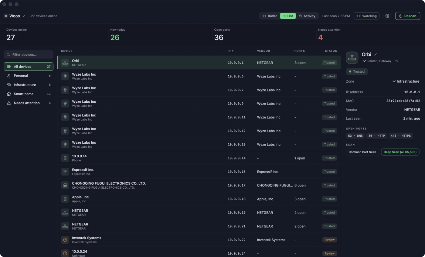Bogey's list view: a sortable, searchable table of every device with vendor, open ports, and security status, plus a full dossier for the selected device.