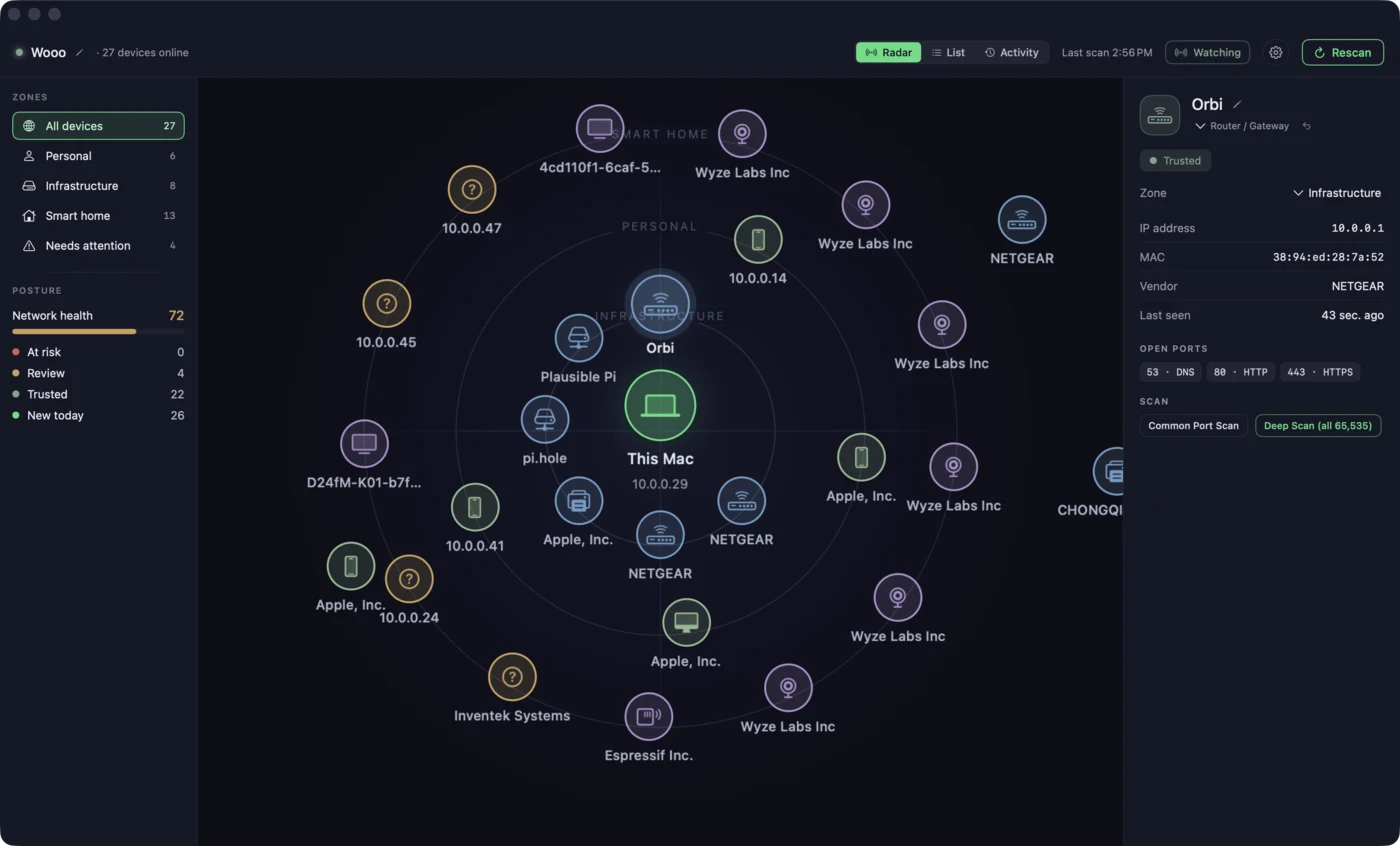 Bogey's radar view: every device on the network placed on rings by zone and color-coded by security posture, with a selected device's details on the right.